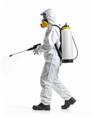 Health professional in protective suit disinfecting with sprayer.