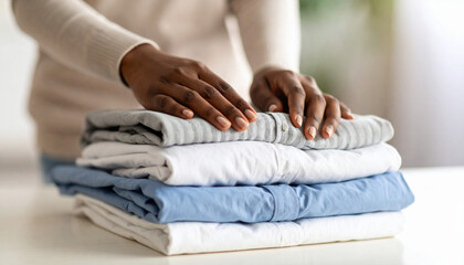 Fototapeta premium Hands Carefully Arranging a Stack of Folded Clothes