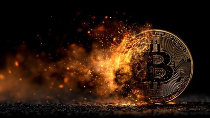 Golden Bitcoin coin glowing with fiery sparks and smoke. Concept of cryptocurrency and financial innovation.