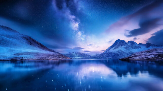 Serene landscape featuring mountains and reflective lake starry - Powered by Adobe
