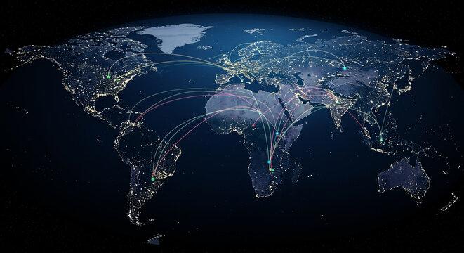 A nighttime world map showing illuminated cities connected by glowing lines, representing global communication.