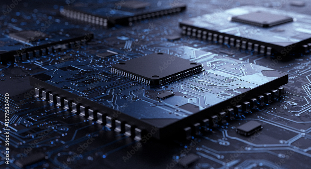 Poster close-up of several computer processors and circuit boards, illuminated with blue light.
