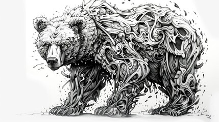 grimy grungy graffiti mutant bear beautiful detailed cool black and white line art 