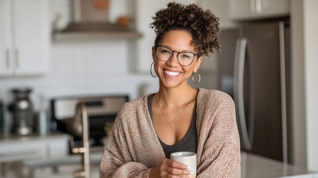 African American woman with glasses drinking coffee indoors. Concept of lifestyle and relaxation.
 - Powered by Adobe