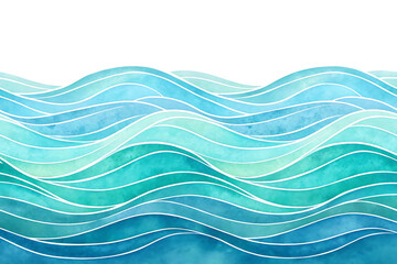 Fototapeta premium Watercolor painting of ocean waves with shades of blue and white lines on a white background