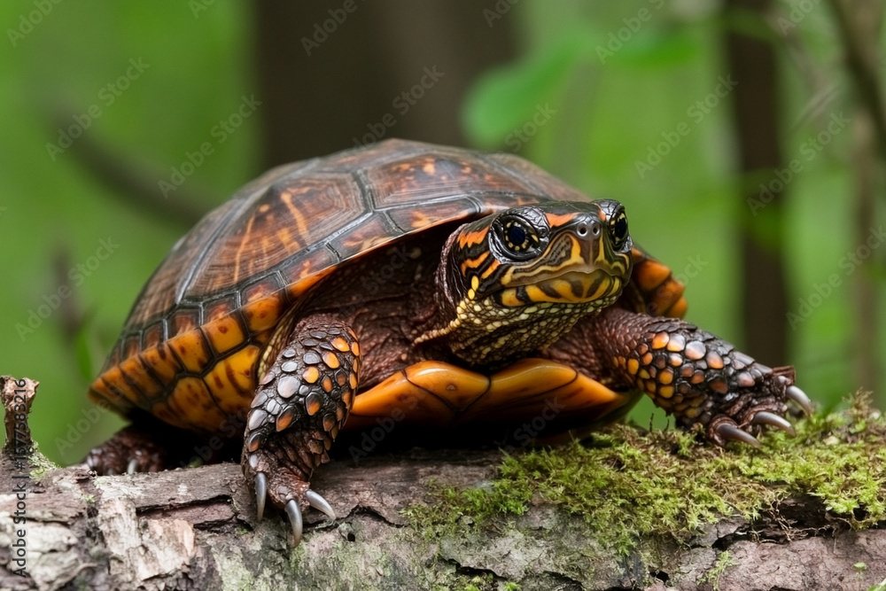 Poster turtle with colorful shell design resting on a mossy log