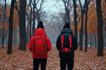 Hiking friends explored a beautiful forest trail in autumn