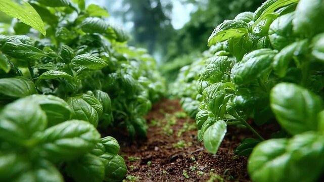Basil Field: Vibrant rows of fresh, green basil plants flourish in an open field, creating a visually stunning and aromatic display of nature's bounty. 