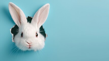 Obraz premium Adorable White Rabbit Head Poking Through a Tear in a Bright Blue Wall Background, Perfect for Easter or Spring Themes in Any Creative Project