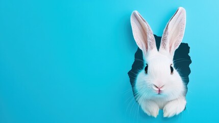 Obraz premium Playful White Rabbit Peeking Through Blue Paper Background for Creative and Whimsical Stock Photography Needs