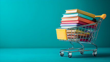 Shopping cart filled with colorful books on turquoise background