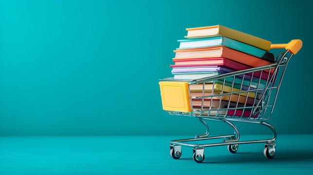 Shopping cart filled with colorful books on turquoise background