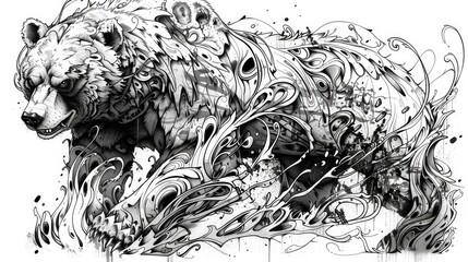 grimy grungy graffiti mutant bear beautiful detailed cool black and white line art 