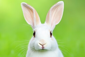 Obraz premium Adorable close-up of a fluffy white rabbit with large ears sitting on soft green grass in a vibrant garden setting