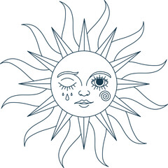 Dual faces sun with closed and open eyes. Vector line art design. Celestial mystic esoteric magic sun element. Alchemy and astrology vintage symbol. Sacred solar sign. Monochrome boho sun with human