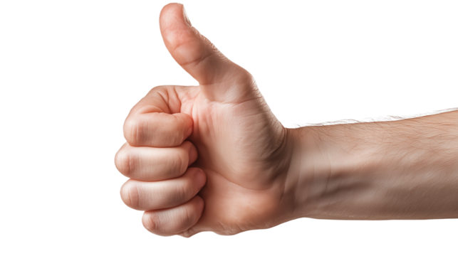 Human hand gesture with a thumbs up gesture, suitable for use as a design element for positive communication and customer service themes, on a transparent background