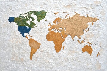 Detailed World Map in Earthy Tones with Textured Background Showing Continents in Green and Brown Shades for Travel or Educational Themes