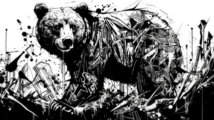 grimy grungy graffiti mutant bear beautiful detailed cool black and white line art 