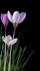 Fototapeta premium Elegant purple crocuses bloom against a dark background. Vibrant flowers symbolize spring's awakening.