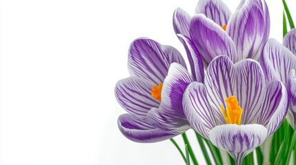 Fototapeta premium Vibrant purple and white striped crocuses bloom against a crisp white background. Cheerful spring flowers symbolize new beginnings.