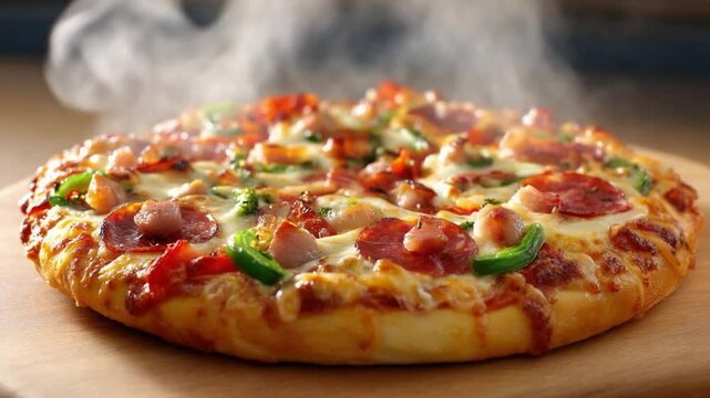 Delicious Meat Lovers Pizza: A steaming hot meat lovers pizza, loaded with pepperoni, ham, bacon, and peppers, sits on a wooden board, ready to be devoured.