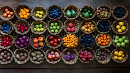 Colorful fruits arranged in woven baskets for a harvest ritual 