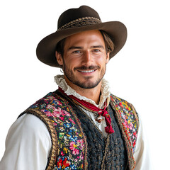Extremely long shot front view mid-body shot of an extremely handsome Slovenian man in a narodna no&scaron;a smiling, isolated on a white transparent background
