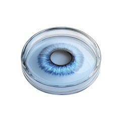 Petri dish close up with striking bright blue human eye detailed rendering on transparent background
