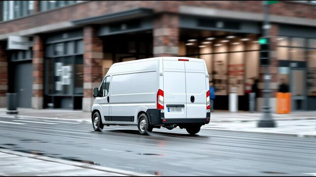 Cargo Van Navigating City Street: A sturdy cargo van traverses a bustling city street, its clean lines and functional design highlighting the vital role of urban transport. The scene.