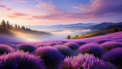 Obraz premium soft lavender mist amidst delicate light dance lavender mist serene landscape