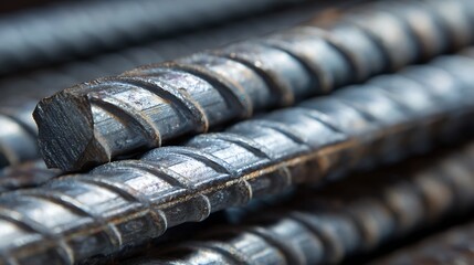 Stack of Metal Rebar Rods Construction Material Close-up