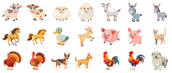 Vector set of cute farm animals - cow, sheep, goat, pig, horse, duck, dog, cat, rooster, turkey. Educational materials, children&rsquo;s books, and farm-themed designs.
