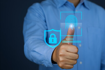 A thumb undergoing a fingerprint scan symbolizes biometric security, digital identification, and secure access control systems.