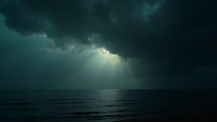 Dramatic stormy ocean scene with sun rays breaking through dark clouds