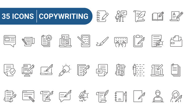 copywriting Web Icons Set in Line or outline Style related to copywriting. Icons for web and mobile app. Linear icons collection. Editable strokes. Vector illustration.