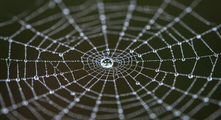 Obraz premium Intricate spiderweb glistening with morning dew, radiating from a central point.