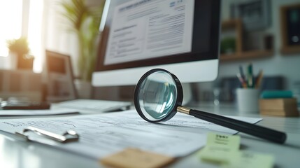 Desk Scene with Magnifying Glass, Documents, and Computer Screen
