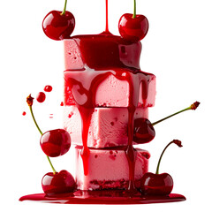 Stacked dessert cubes drizzled with cherry sauce