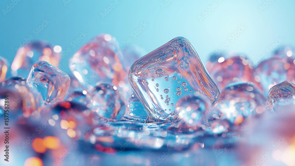 Poster colorful ice cubes with bubbles in refreshing setting