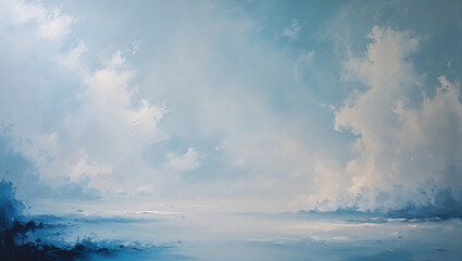 Obraz premium Soft blue cloudy sky reflecting on calm ocean water with impressionist style
