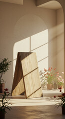 Blank big white Wooden Signpost on a room with rays and plants. Blank Wooden Sign in a Sunny Room with Lush Plants. a rustic wooden sign, perfect for custom messages or branding.