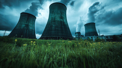 Abandoned nuclear power plant with cooling towers under dramatic sky, surrounded by overgrown grass and wildflowers