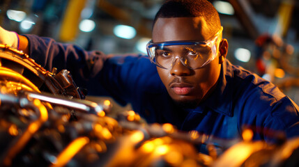 Focused aircraft maintenance engineer inspects engine with precision and care, showcasing dedication and expertise