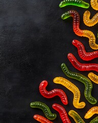 Colorful gummy worms on black background with a playful arrangement of candies