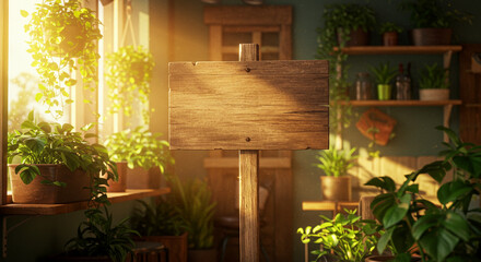 Blank big white Wooden Signpost on a room with rays and plants. Blank Wooden Sign in a Sunny Room with Lush Plants. a rustic wooden sign, perfect for custom messages or branding.