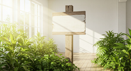 Blank big white Wooden Signpost on a room with rays and plants. Blank Wooden Sign in a Sunny Room with Lush Plants. a rustic wooden sign, perfect for custom messages or branding.