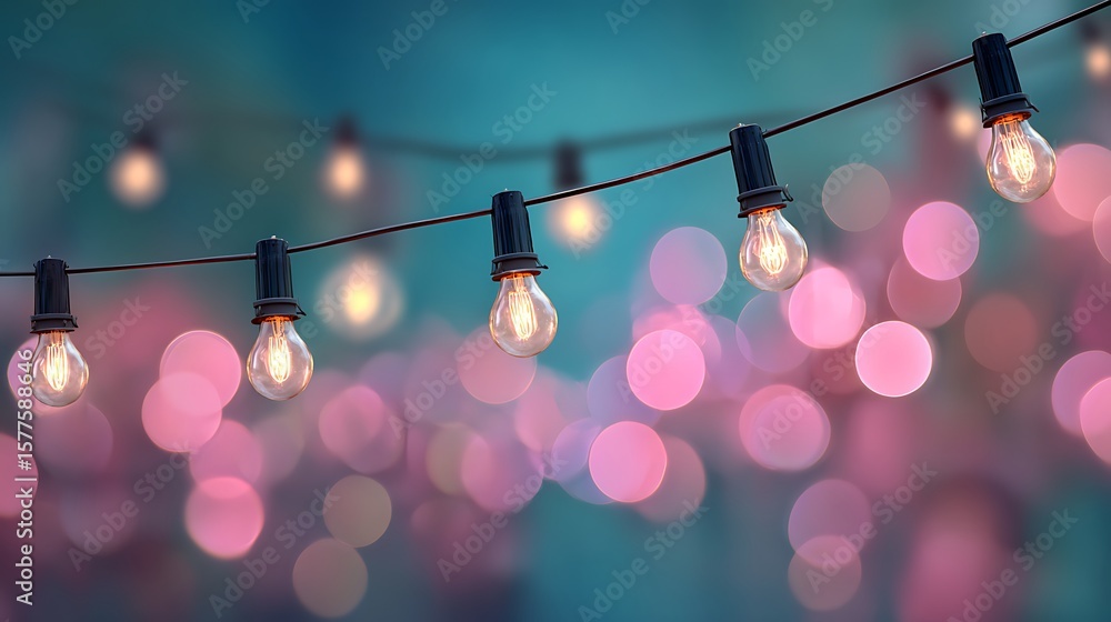 Poster string lights glowing with pink and teal bokeh background
