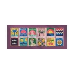 Vibrant Retro Summer Stamps Collection with Beach, Food, and Travel Designs