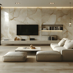 Modern living room interior with beige sofa, coffee table, and large TV on marble wall.