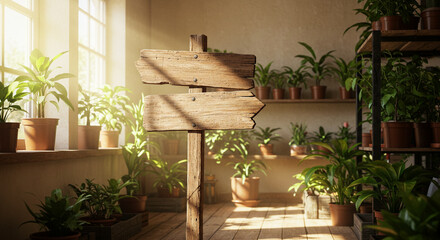 Blank big white Wooden Signpost on a room with rays and plants. Blank Wooden Sign in a Sunny Room with Lush Plants. a rustic wooden sign, perfect for custom messages or branding.